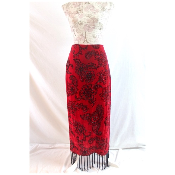Muse Red Velvet Black Beaded Fringe Midi or Maxi Skirt 4 - Picture 7 of 8